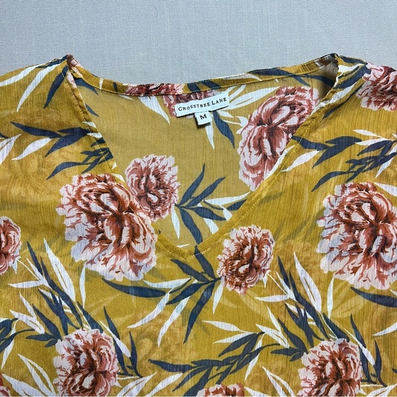 Crosstree Lane Mustard Floral Print Sheer Tunic Blouse Women’s Medium - Picture 5 of 13